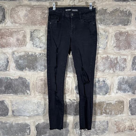 Old Navy Rockstar Black Distressed Mid Rise Skinny Jeans Womans 4R Ankle Stretch - Picture 1 of 12